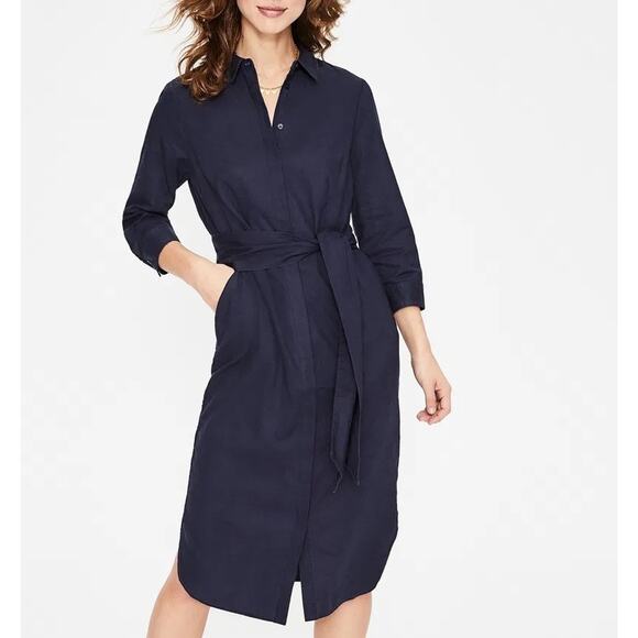 Boden US 4 Navy Shirt Dress Linen Belted Midi Button Down NEW - Picture 1 of 9